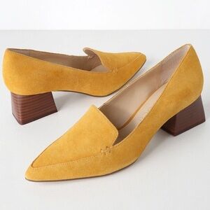 Sole Society Mavis Mustard Suede Leather Loafers Size 9 Pointed Toe Block Heel